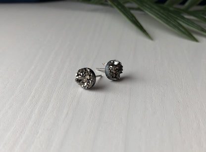 Gunmetal Druzy Stud Earring - 8mm Stone on Surgical Grade Stainless Steel