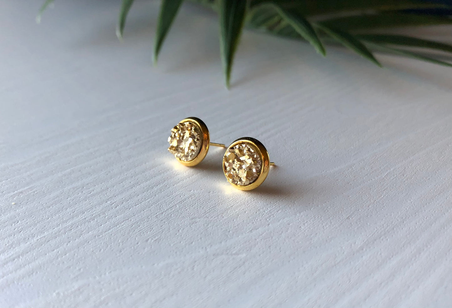 Gold Druzy Stud Earrings - 8mm Stone on Gold