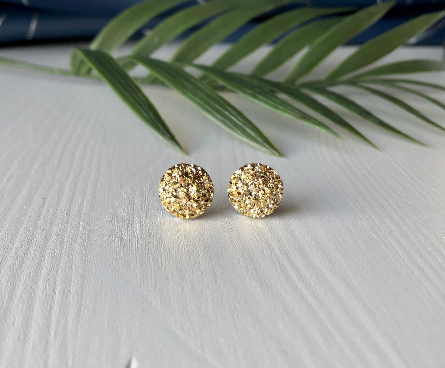 Gold Sparkle Stud Earrings - 12mm on Stainless Steel Posts.