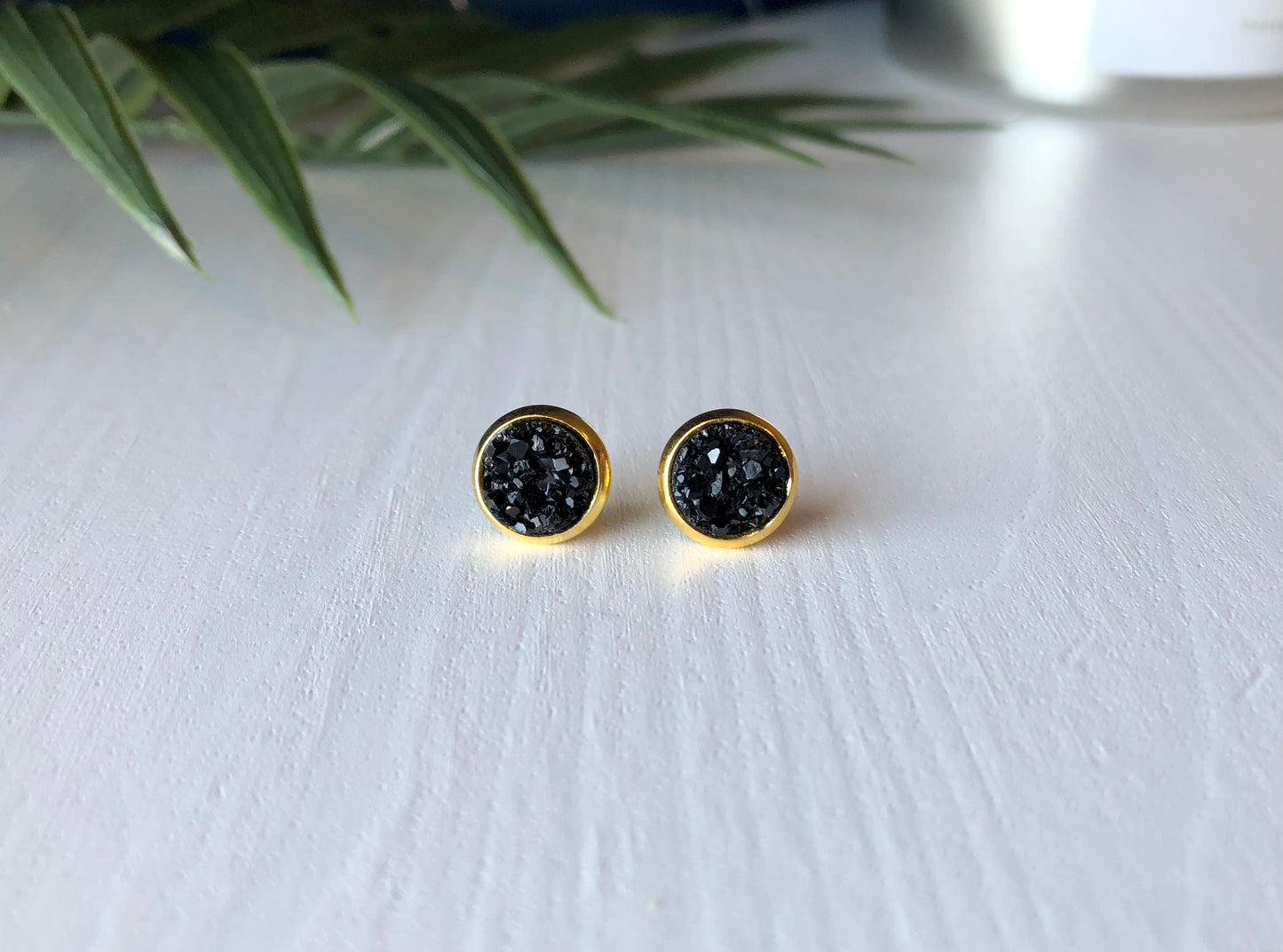 Black Druzy Stud Earrings - 8mm Stone on Gold