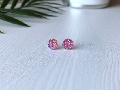 Pink Sparkle Stud Earrings - 8mm on Surgical Grade Stainless Steel