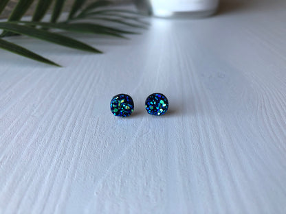Deep Ocean Druzy Earrings - 8mm on Stainless Steel Posts.