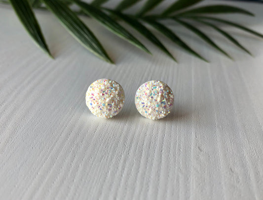 Pink Snow Sparkle Stud Earrings - 12mm on Stainless Steel Posts.