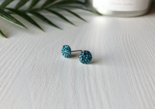 Teal Mermaid Sparkle Stud Earrings - 8mm on Surgical Grade Stainless Steel