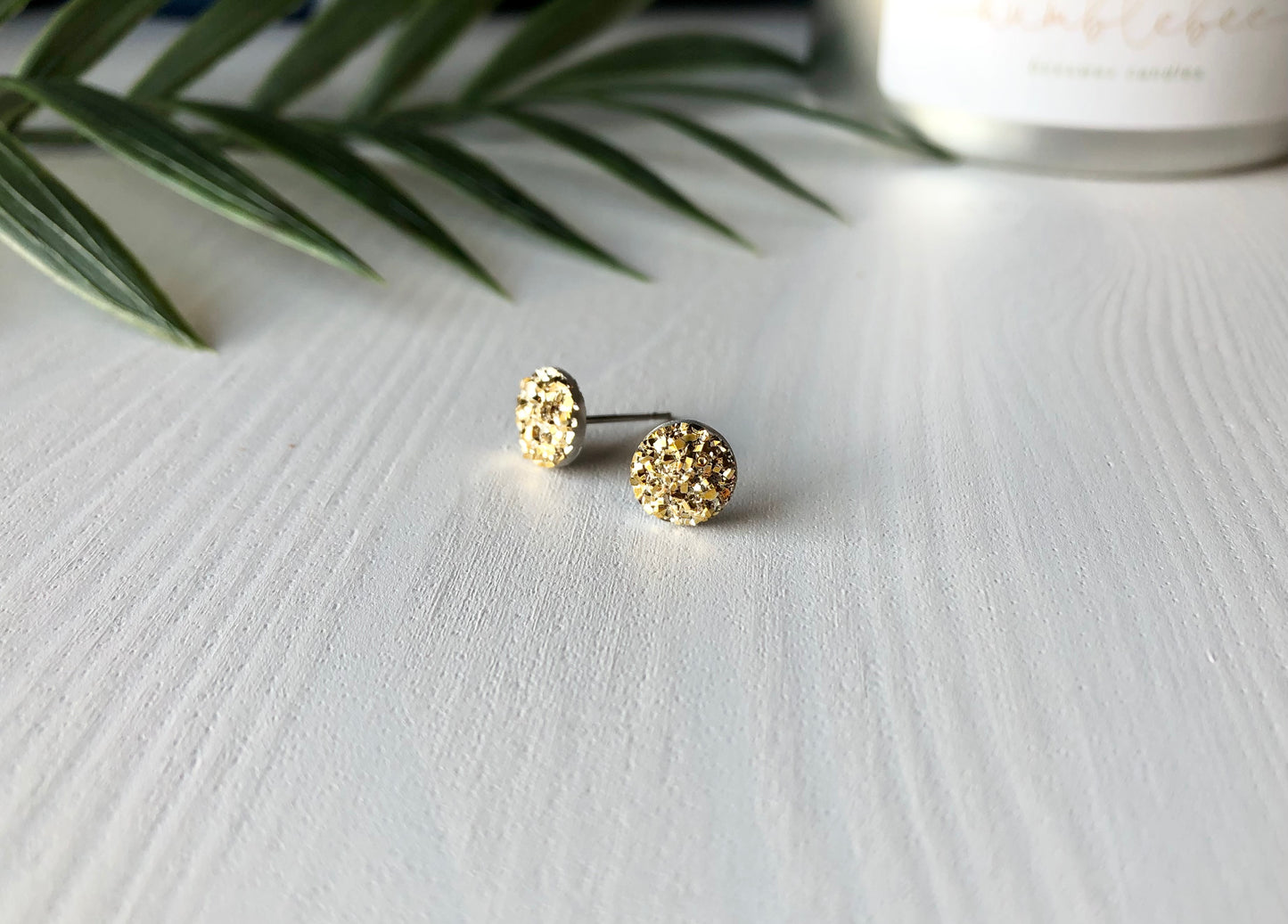 Gold Sparkle Stud Earrings - 8mm on Surgical Grade Stainless Steel