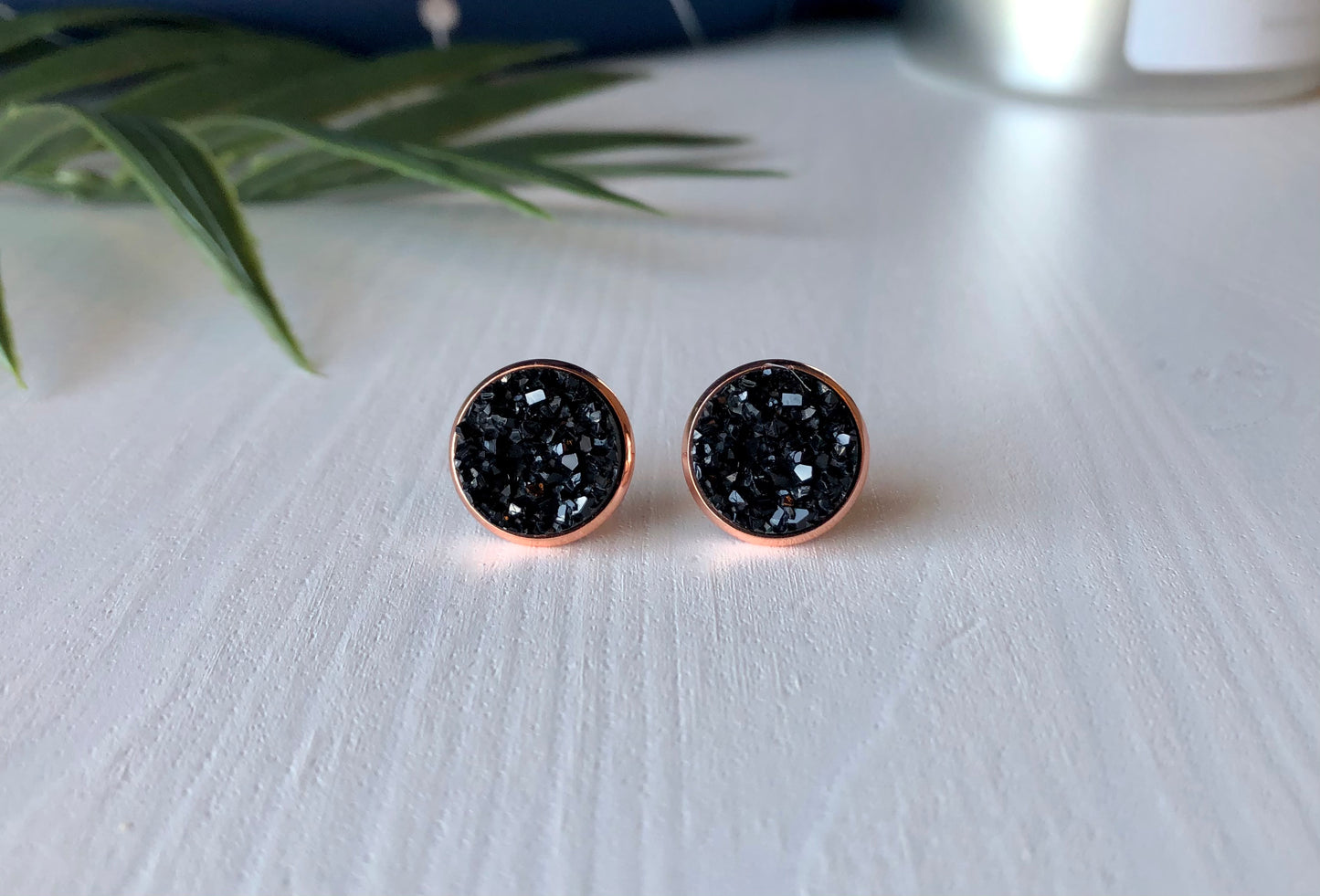 Black Druzy Stud Earrings - 12mm Stone on Rose Gold