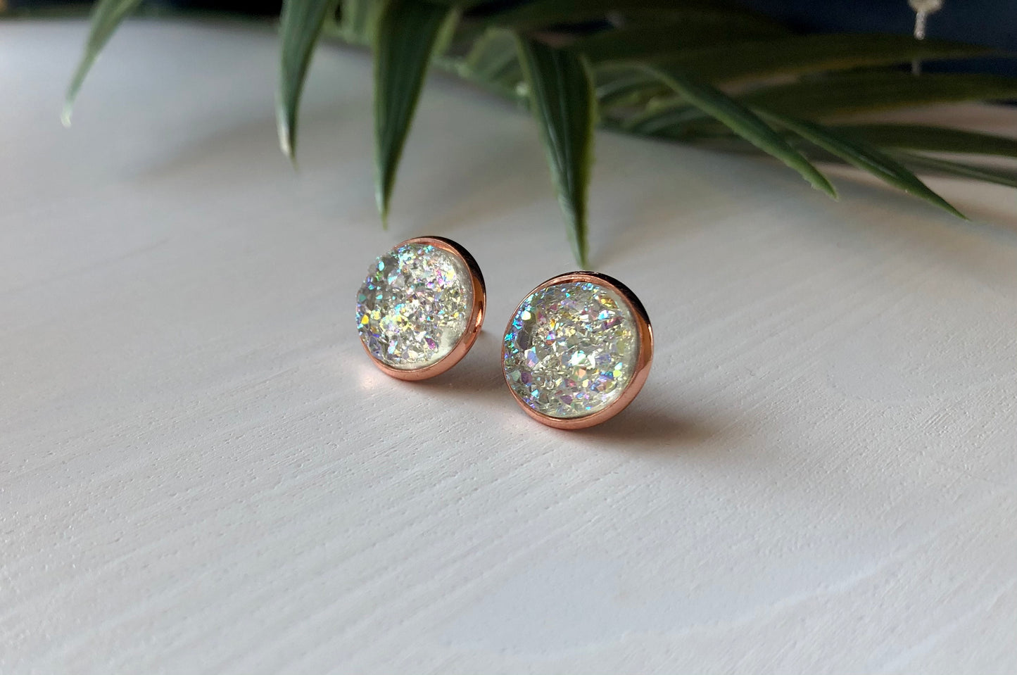 Crystal/Diamond Druzy Stud Earrings - 12mm Stone on Rose Gold