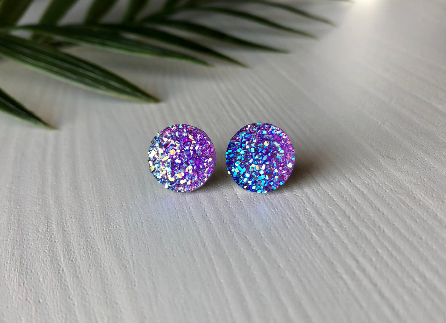 Purple Sparkle Stud Earrings - 12mm on Stainless Steel Posts.