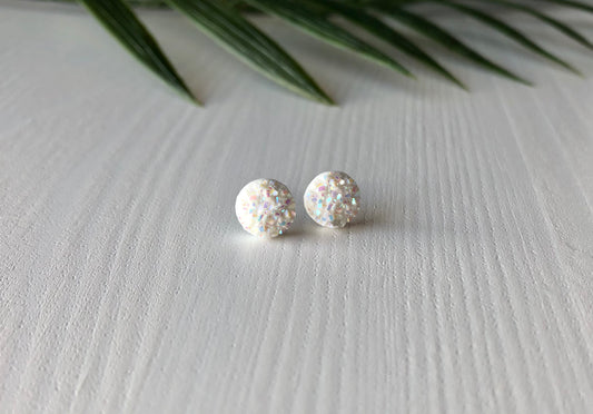 Pink Snow Sparkle Stud Earrings - 8mm on Surgical Grade Stainless Steel