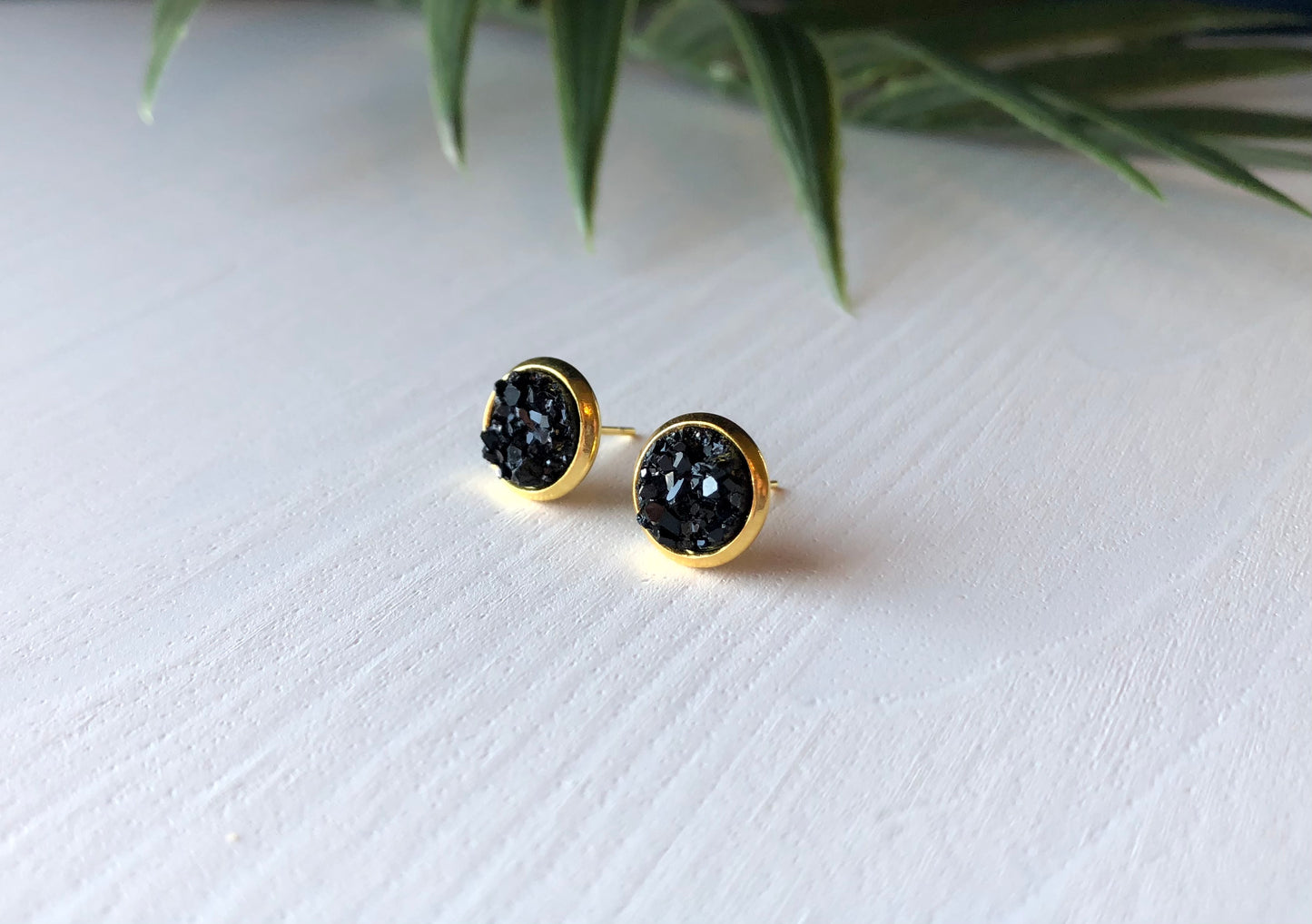 Black Druzy Stud Earrings - 8mm Stone on Gold