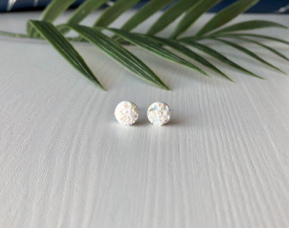 Pink Snow Sparkle Stud Earrings - 8mm on Surgical Grade Stainless Steel