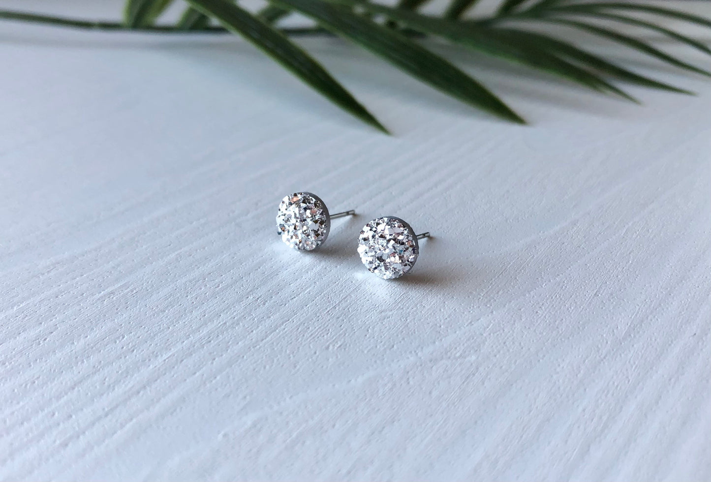 Bright Silver Sparkle Stud Earrings - 8mm on Surgical Stainless Steel