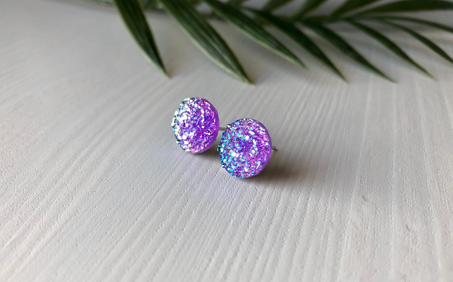 Purple Sparkle Stud Earrings - 12mm on Stainless Steel Posts.