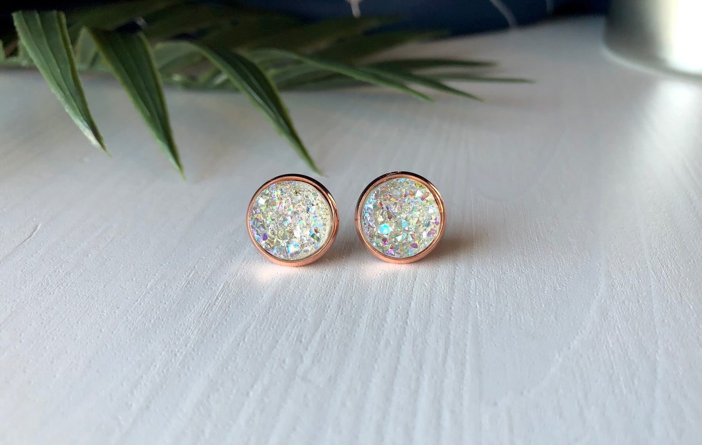 Crystal/Diamond Druzy Stud Earrings - 12mm Stone on Rose Gold