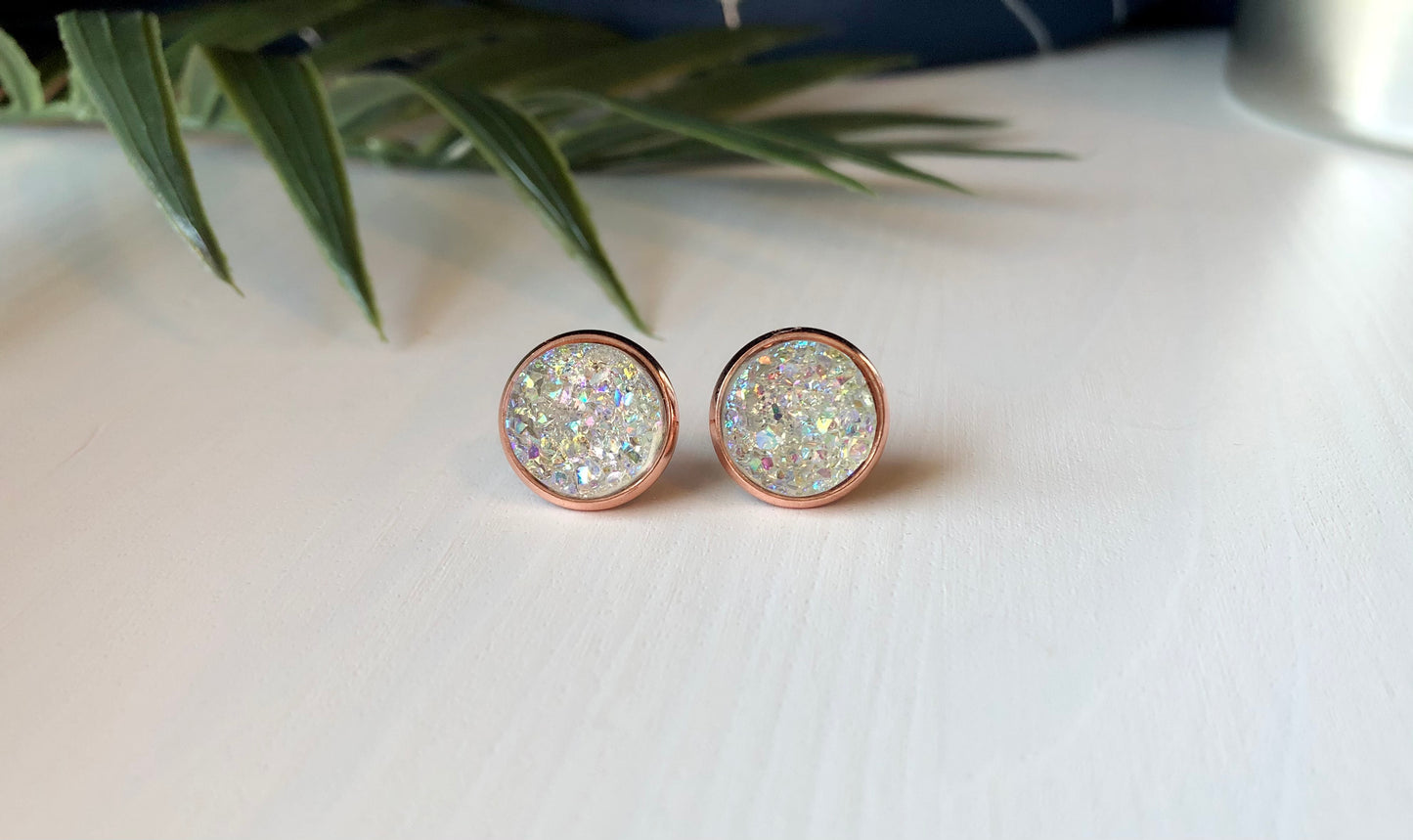 Crystal/Diamond Druzy Stud Earrings - 12mm Stone on Rose Gold