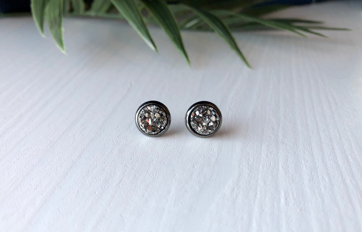 Gunmetal Druzy Stud Earrings - 8mm Stone on Gunmetal