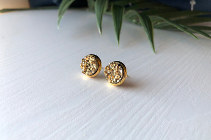 Gold Druzy Stud Earrings - 10mm Stone on Gold