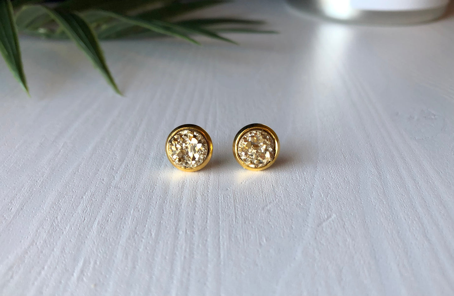 Gold Druzy Stud Earrings - 8mm Stone on Gold