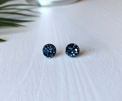 Midnight Blue Druzy Stud Earring - 8mm Stone on Surgical Grade Stainless Steel