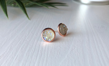 Crystal/Diamond Druzy Stud Earrings - 10mm Stone on Rose Gold