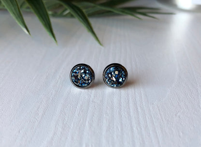 Icy Sapphire Druzy Stone Earring - 8mm on Gunmetal