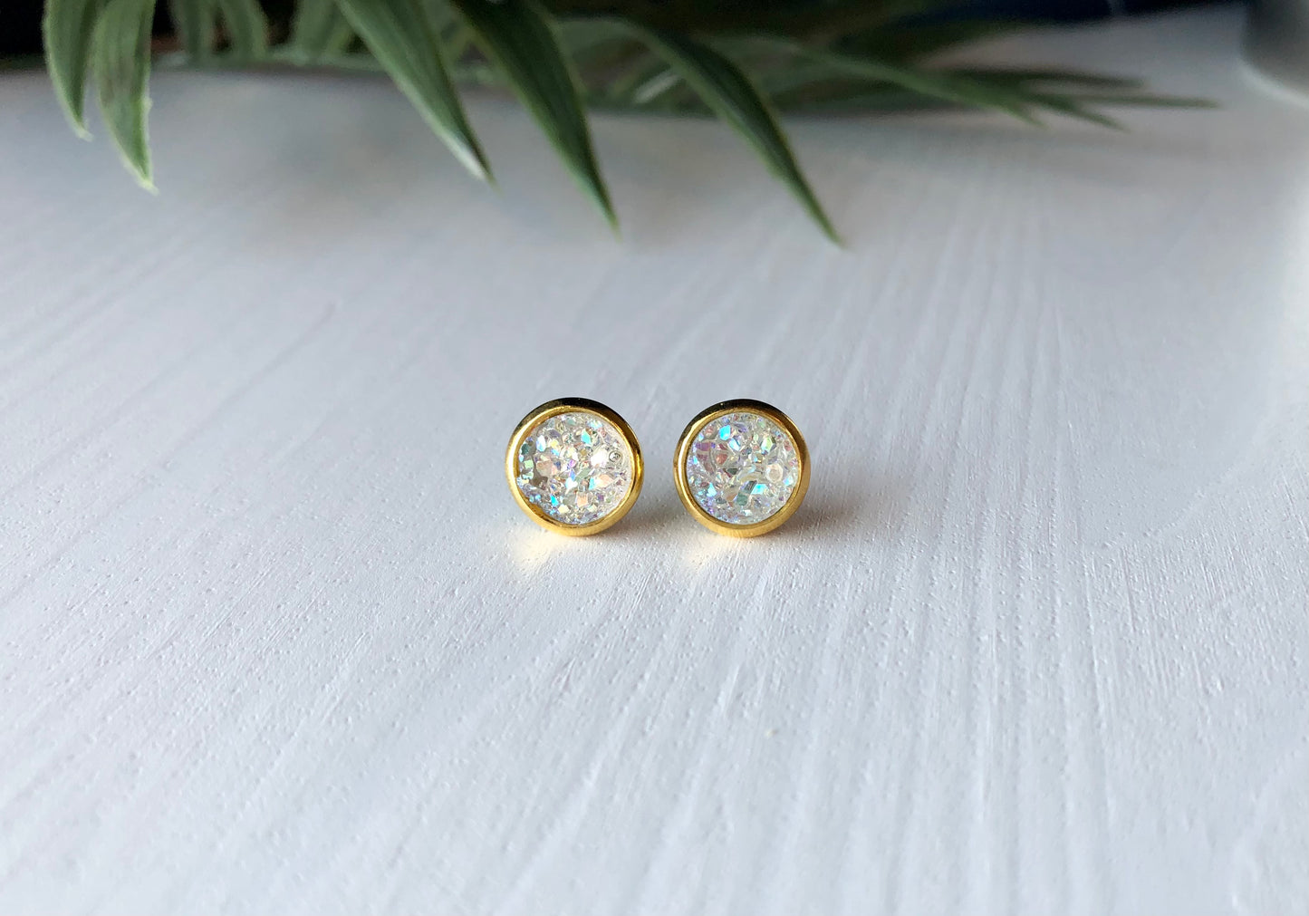 Crystal/Diamond Druzy Stud Earrings - 8mm Stone on Gold