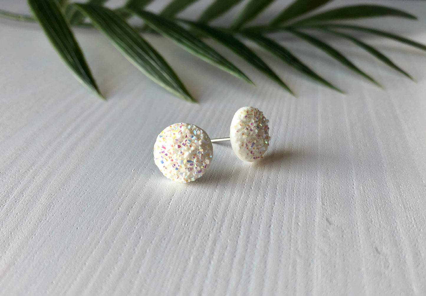 Pink Snow Sparkle Stud Earrings - 12mm on Stainless Steel Posts.