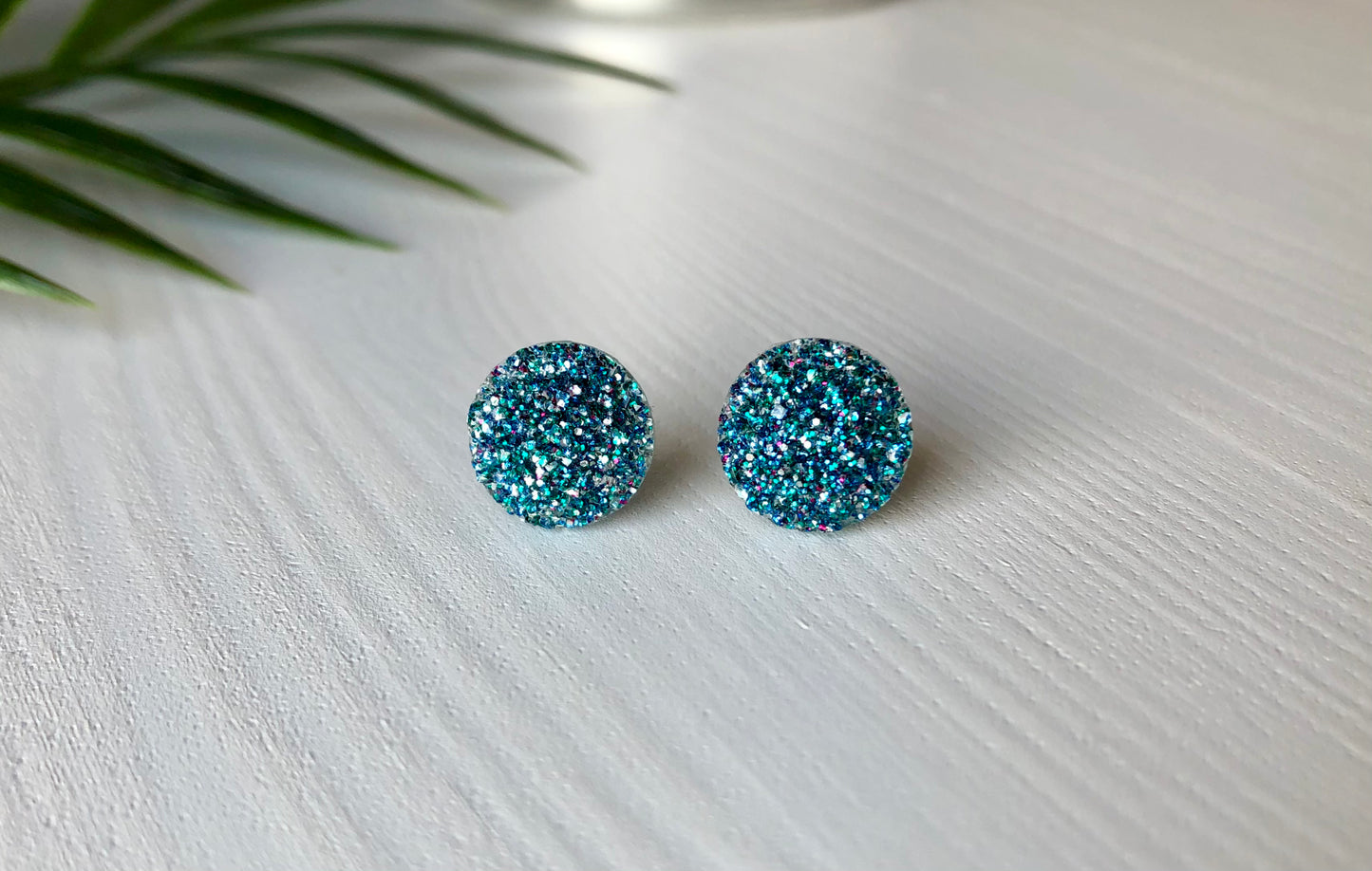 Teal Mermaid Sparkle Stud Earrings - 12mm on Stainless Steel Posts.