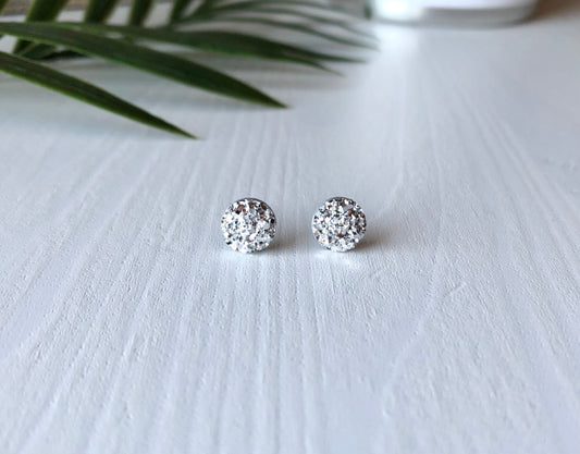 Bright Silver Sparkle Stud Earrings - 8mm on Surgical Stainless Steel