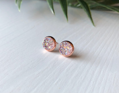 Blush Druzy Stud Earrings - 8mm Stone on Rose Gold