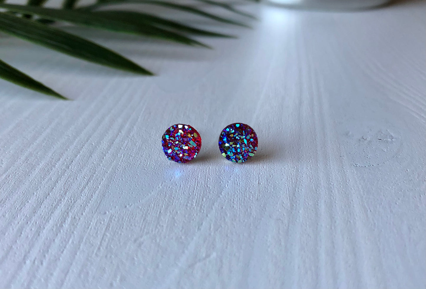 Magenta Sparkle Stud Earrings - 8mm on Surgical Grade Stainless Steel