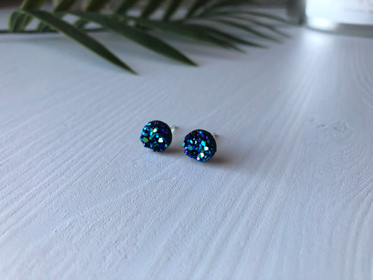 Deep Ocean Druzy Earrings - 8mm on Stainless Steel Posts.