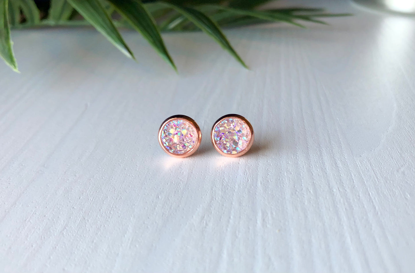 Blush Druzy Stud Earrings - 8mm Stone on Rose Gold