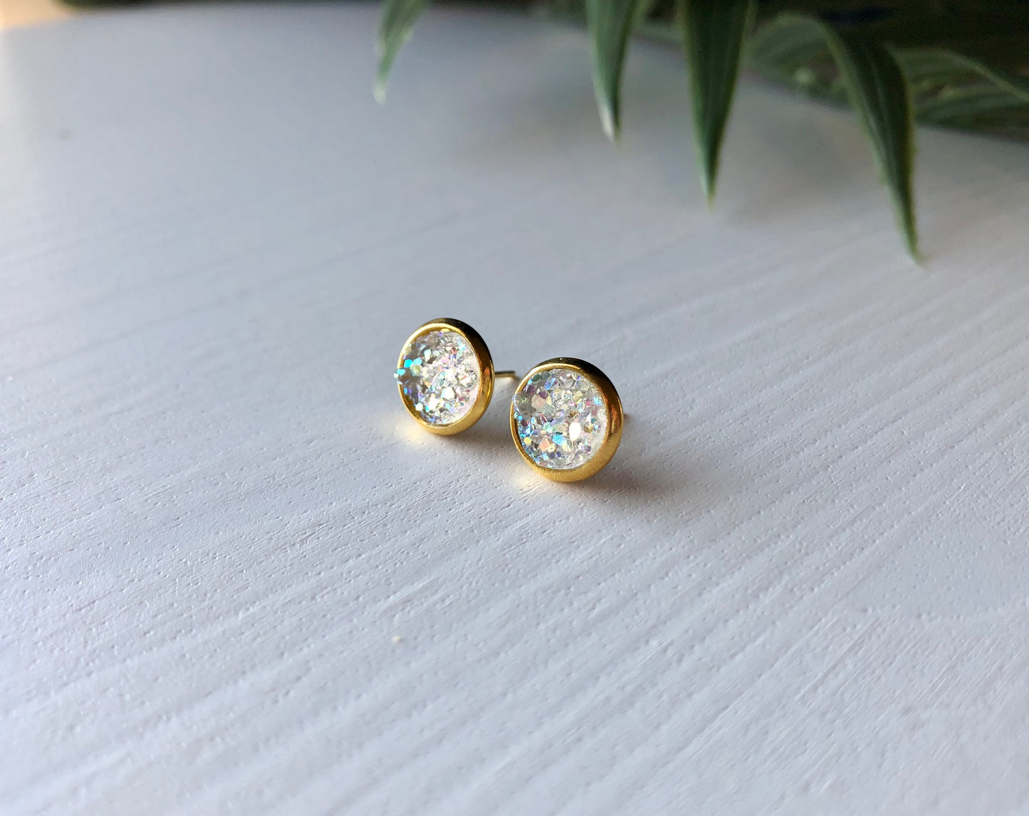 Crystal/Diamond Druzy Stud Earrings - 8mm Stone on Gold