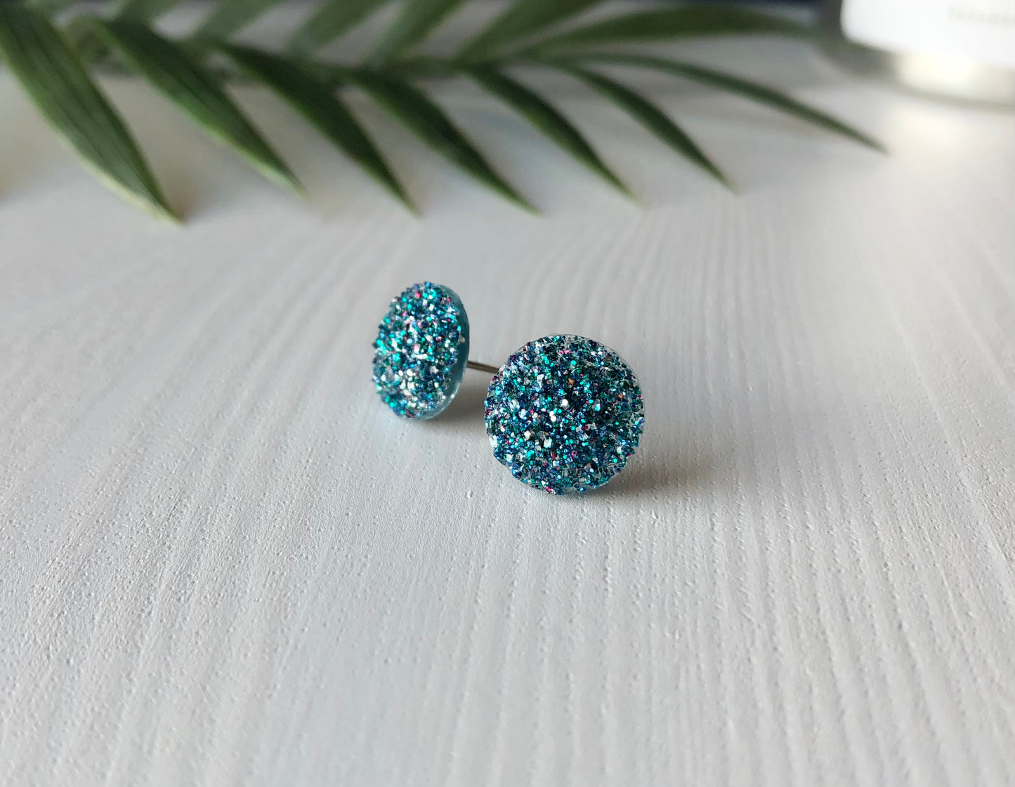 Teal Mermaid Sparkle Stud Earrings - 12mm on Stainless Steel Posts.