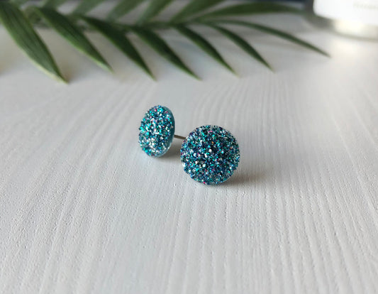 Teal Mermaid Sparkle Stud Earrings - 12mm on Stainless Steel Posts.