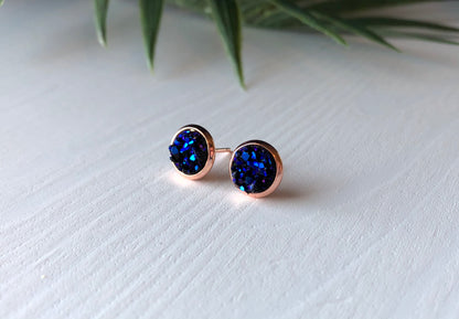Deep Ocean Druzy Stud Earrings - 8mm Stone on Rose Gold
