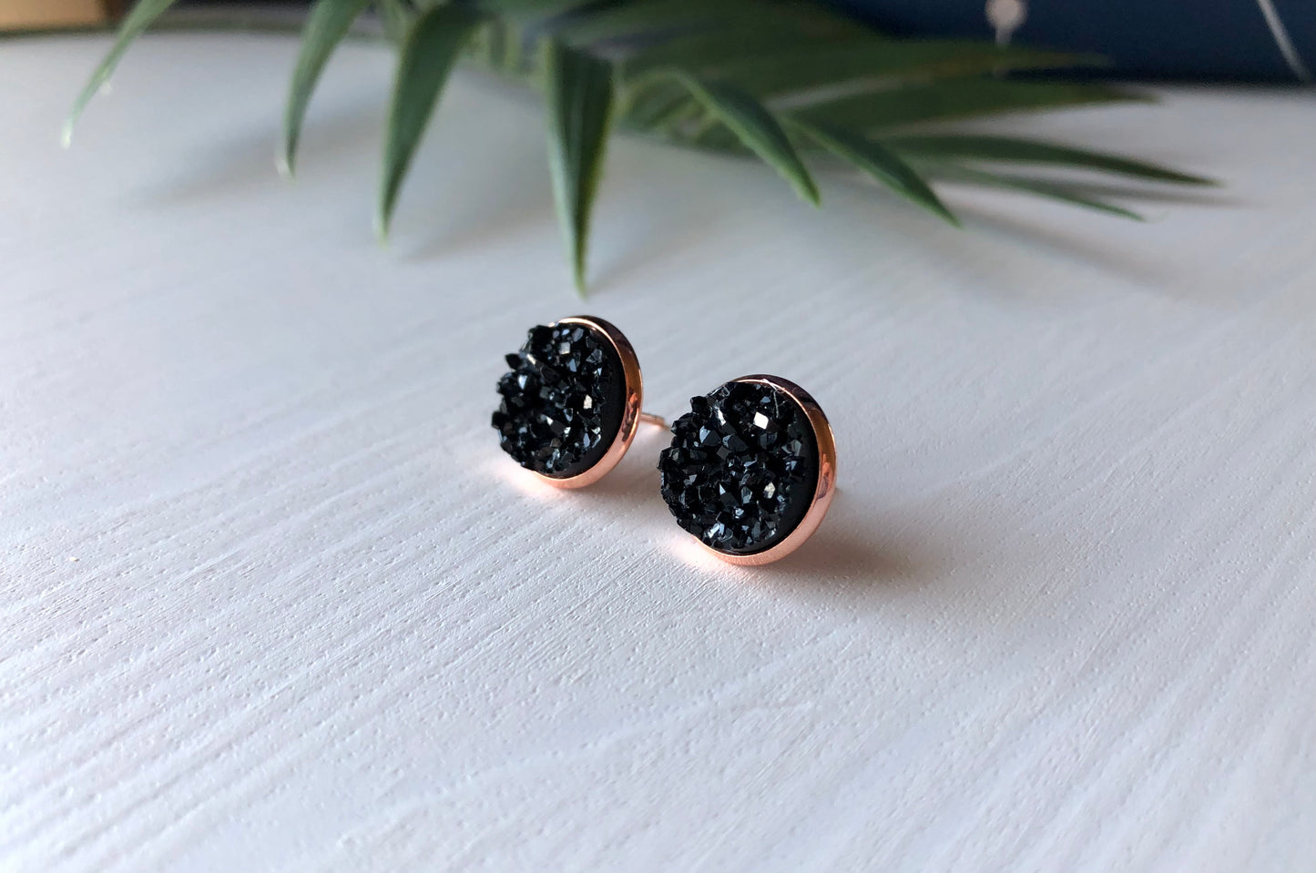 Black Druzy Stud Earrings - 12mm Stone on Rose Gold