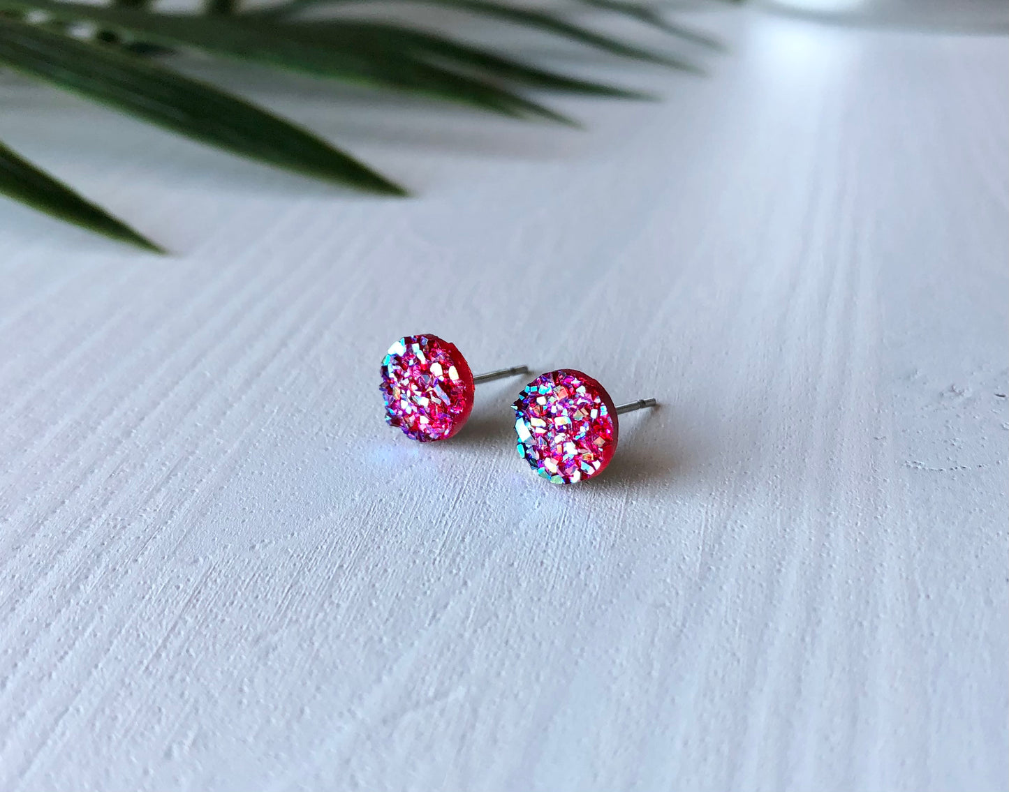 Magenta Sparkle Stud Earrings - 8mm on Surgical Grade Stainless Steel