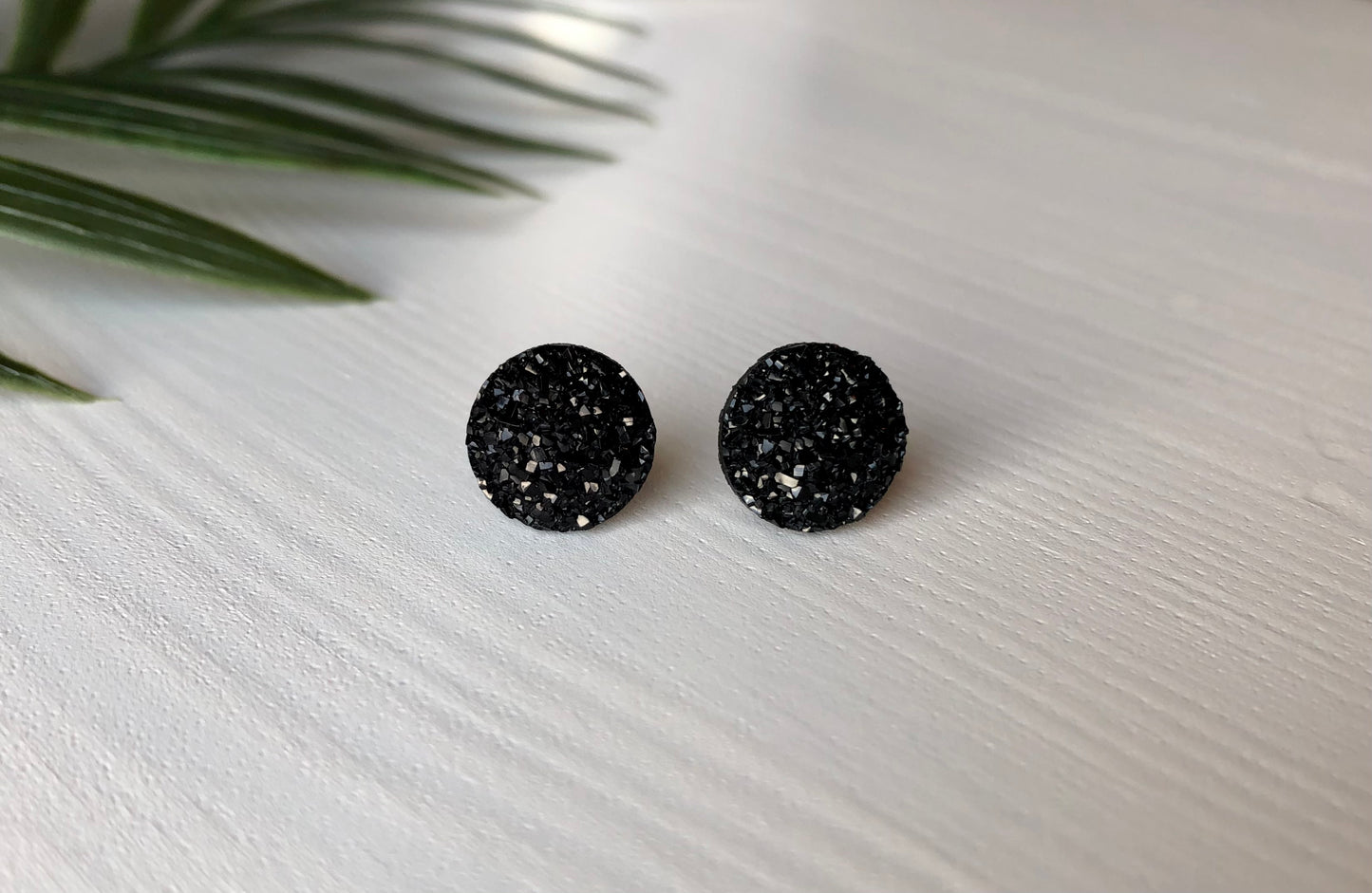 Black Sparkle Stud Earrings - 12mm on Stainless Steel Posts.