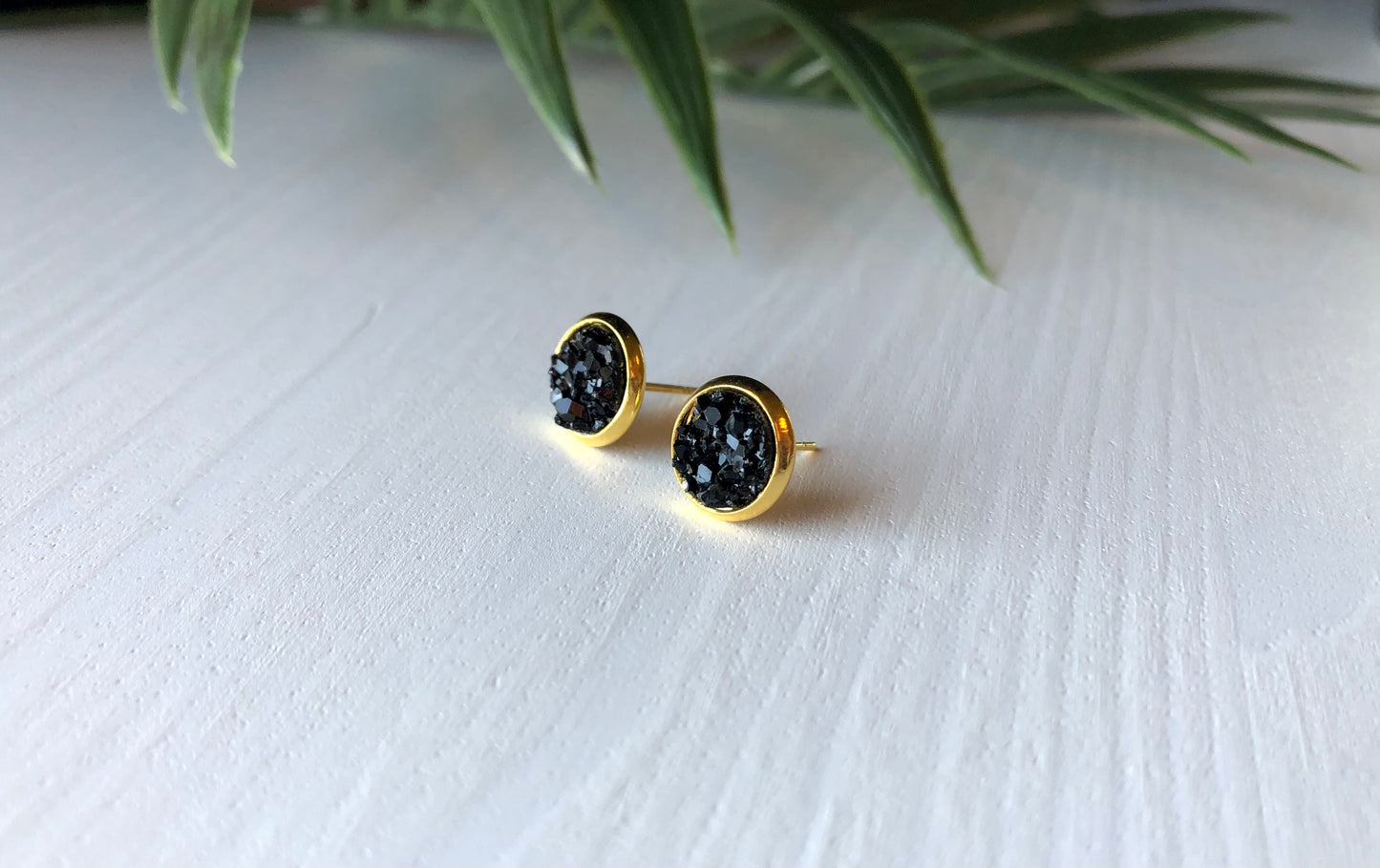 Black Druzy Stud Earrings - 8mm Stone on Gold