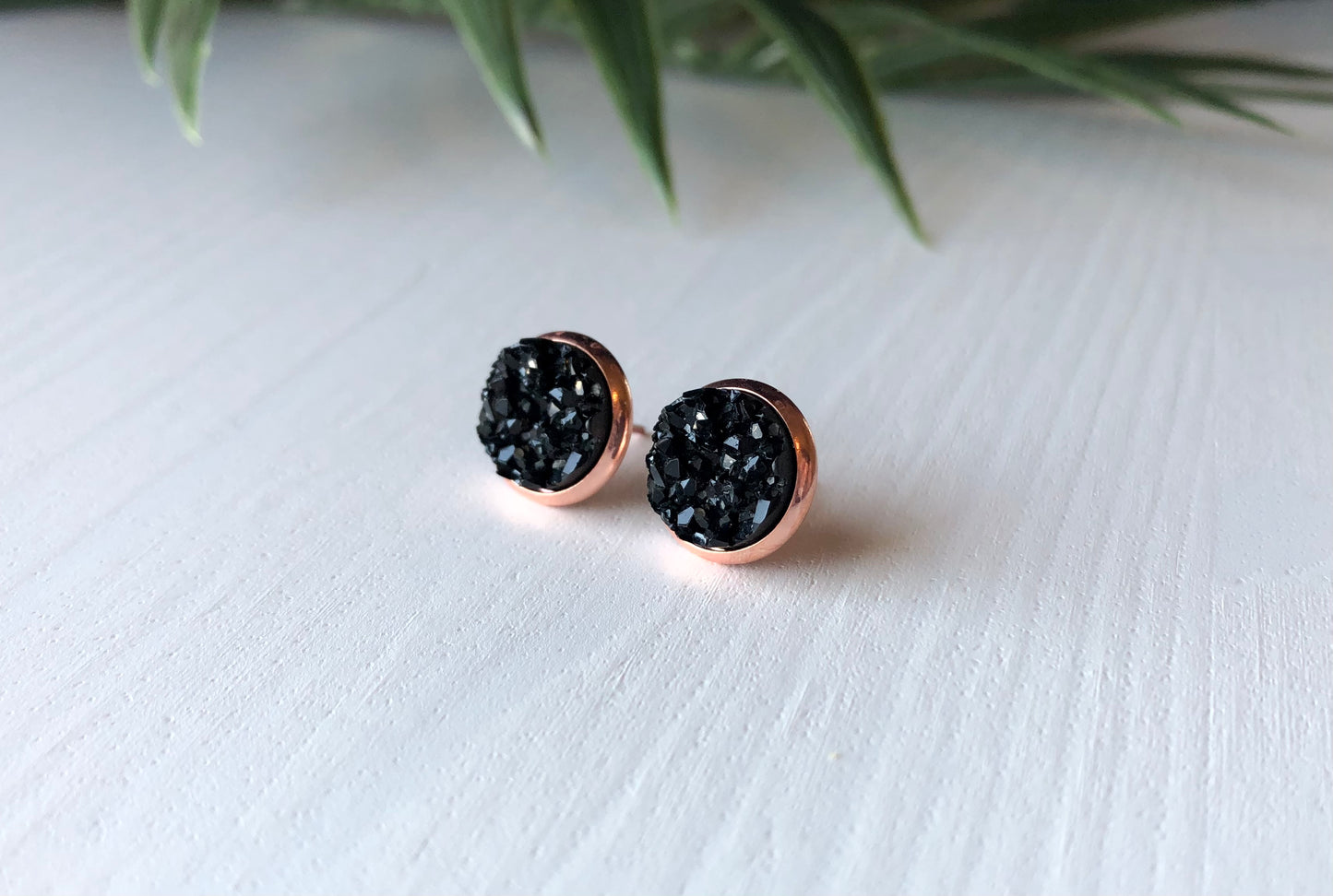 Black Druzy Stud Earrings - 10mm Stone on Rose Gold