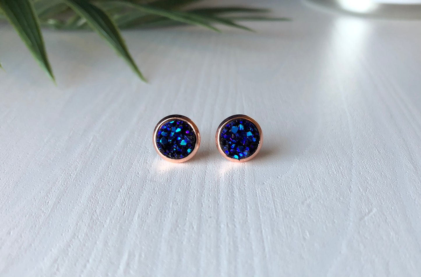 Deep Ocean Druzy Stud Earrings - 8mm Stone on Rose Gold