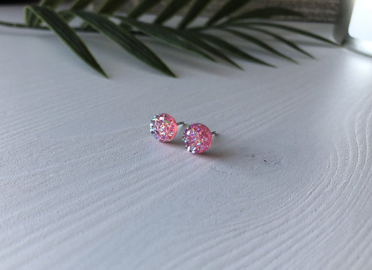 Pink Sparkle Stud Earrings - 8mm on Surgical Grade Stainless Steel