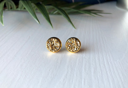 Gold Druzy Stud Earrings - 10mm Stone on Gold