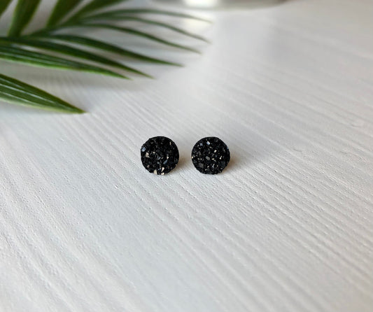 Black Sparkle Stud Earrings - 8mm on Surgical Grade Stainless Steel