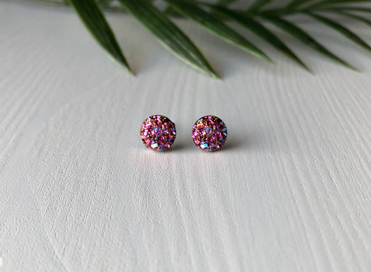 Pink Mermaid Sparkle Stud Earrings - 8mm on Surgical Grade Stainless Steel