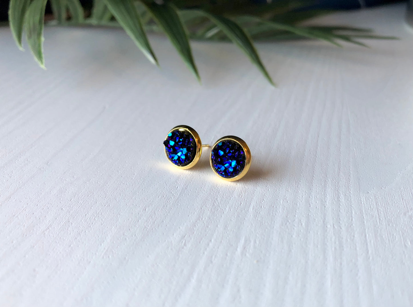 Deep Ocean Druzy Stud Earrings - 8mm Stone on Gold