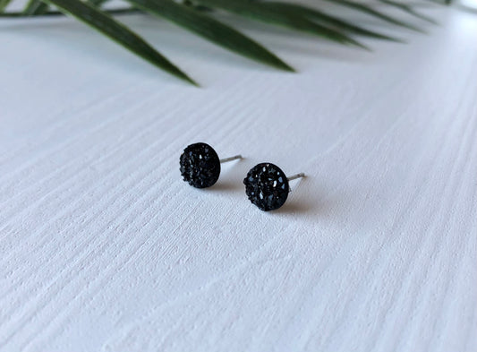 Black Sparkle Stud Earrings - 8mm on Surgical Grade Stainless Steel