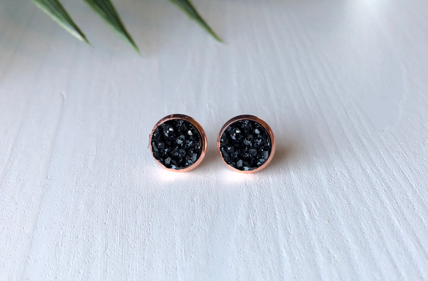 Black Druzy Stud Earrings - 10mm Stone on Rose Gold